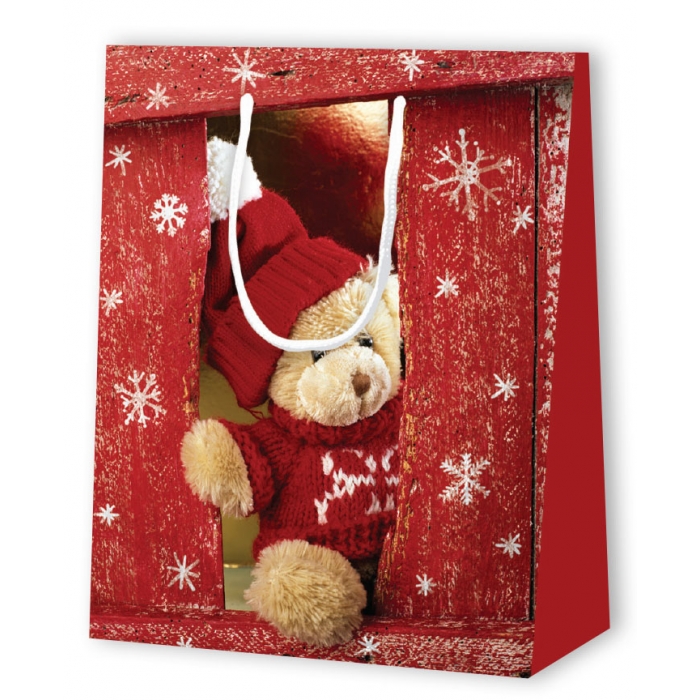 Dárkové tašky velké vánoční DĚTSKÉ motivy Vínová s medvídkem 26 x 12 x 32,4 cm