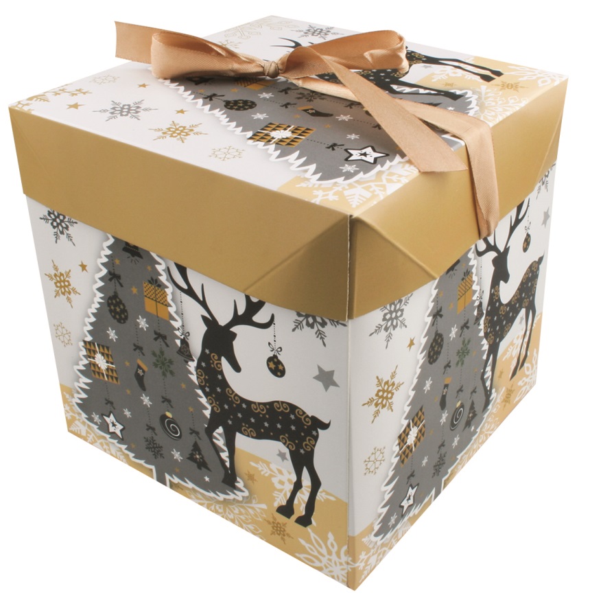 Vánoční skládací krabička s mašlí M 16,5cm Zlatá s jelenem