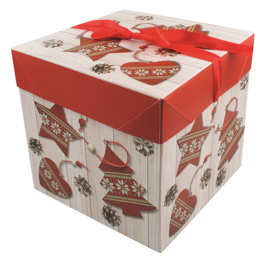 Vánoční skládací krabička s mašlí M 16,5cm Červená s perníčky