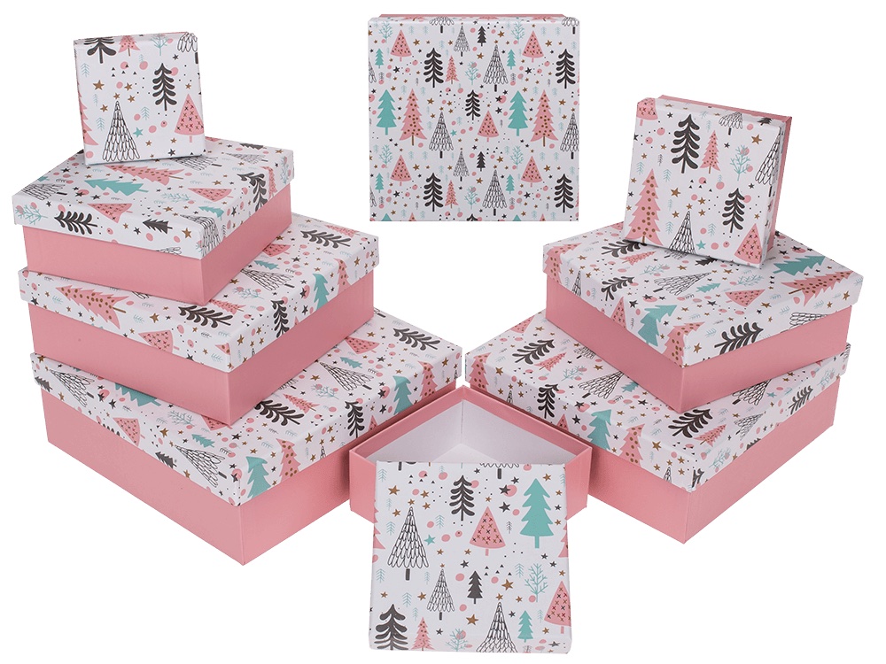 Vánoční dárkové krabičky Růžové se stromečky Velikost 8x8x4cm