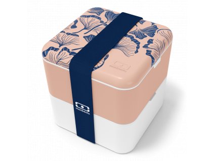 Svačinový box MonBento Square Graphic Ginkgo | bílá, lososová