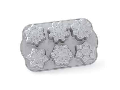Hliníková forma na 6 bábovek, sněhové vločky Nordic Ware Frozen Snowflake | stříbrná detail