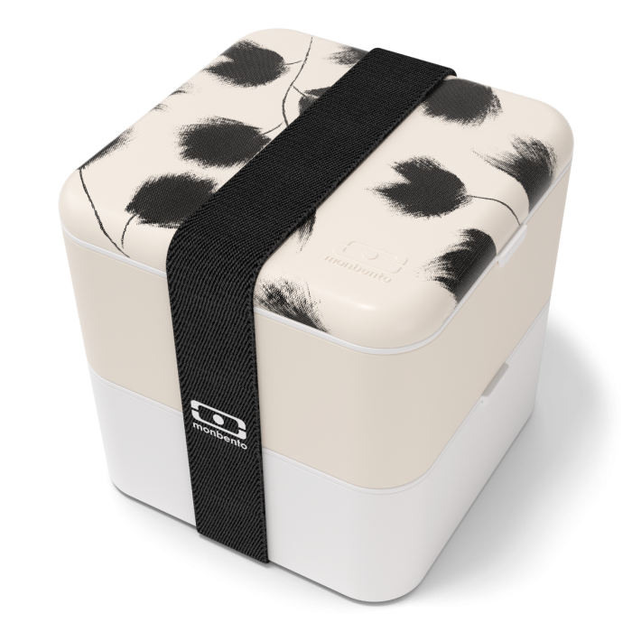 Svačinový bento box MonBento Square graphic Plume | krémová, černá
