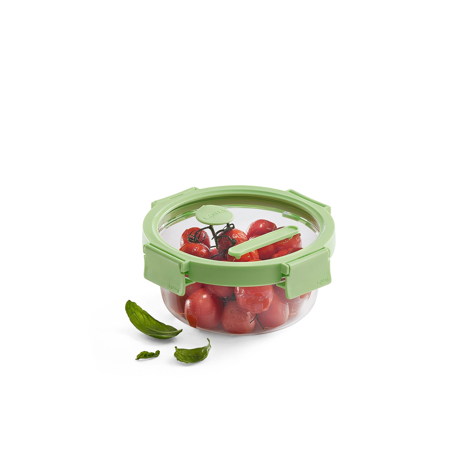 Skleněná hermetická dóza na potraviny Lékué Square Glass, kulatá, 650 ml | zelená