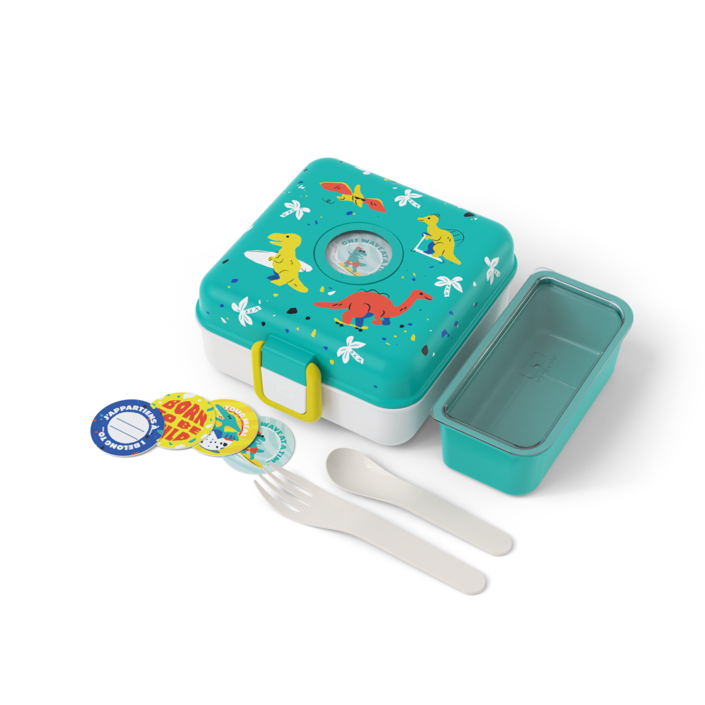 Dětský dárkový set na svačinu, box a sada příborů MonBento Kids blue Dino| tyrkysový