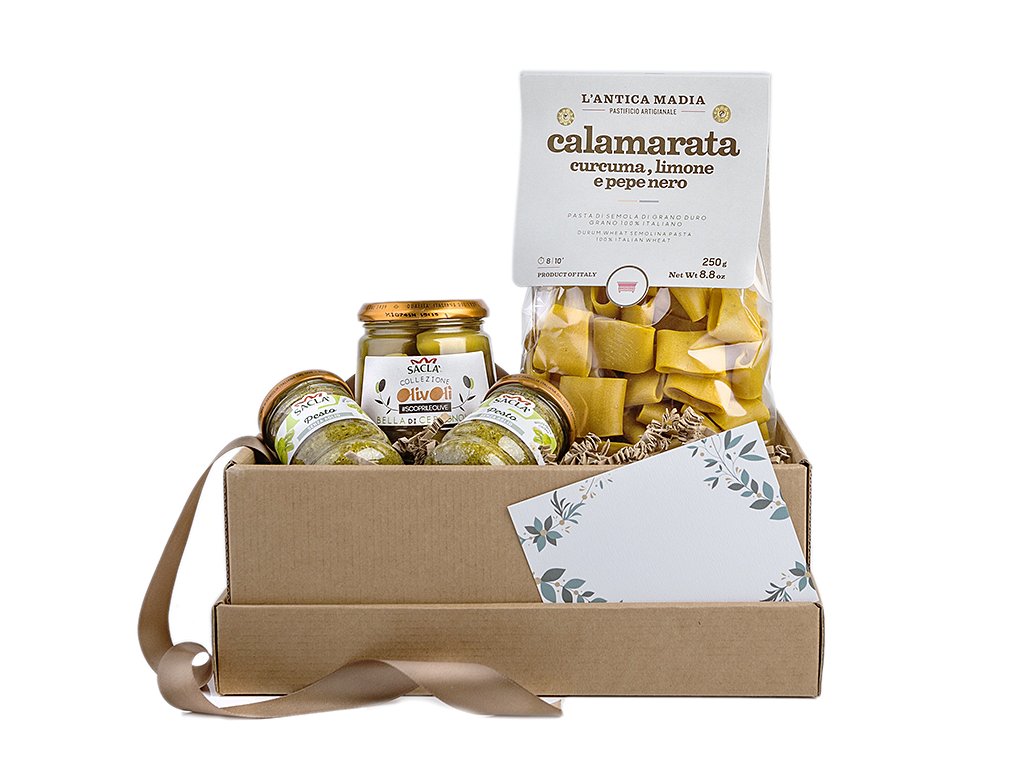 darcek pre dvoch na jedenie s talianskymi cestovynami calamarata velkymi zelenymi olivami a pestom 1