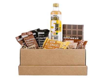 darcekova krabicka s vitaminovym ginger napojom rochester zdravou cokoladou bez cukru fitness susienkami a proteinovynymi tycinkami od gymbeam pohlad priamy