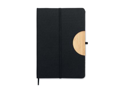 cierny elegantny linajkovy zapisnik A5 s drziakom na mobil s bambusovym detailom gumickou na pero 1