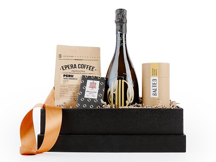 darčekova krbička s proseccom doc cerstvo prazenou zrnkovou kavou 250g remeselnou cokoladou a slanymi mandlami 150g 7