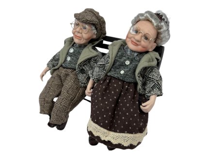 157959 porcelanove panenky babicka a dedecek na lavicce v puntikovane sukni