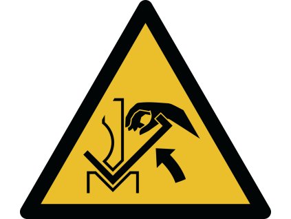 ISO 7010 W031; warning, hand injury from workpiece moving in press brake machinery