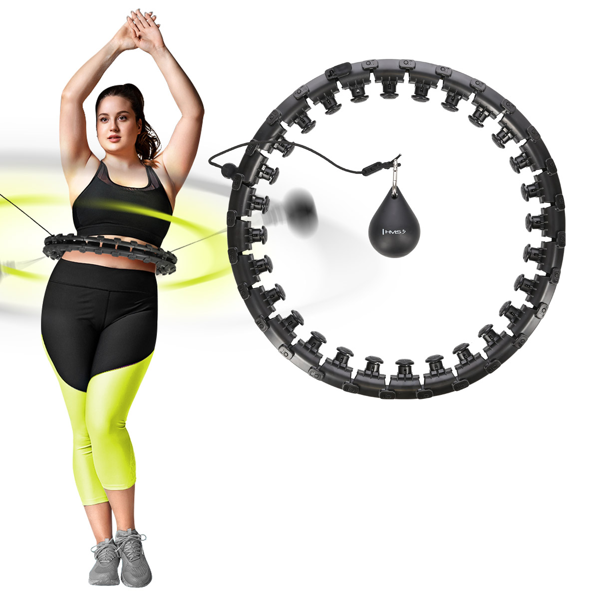 HHW12 PLUS SIZE ČERNÁ MASÁŽNÍ HULA HOOP OBRUČ SE ZÁVAŽÍM HMS