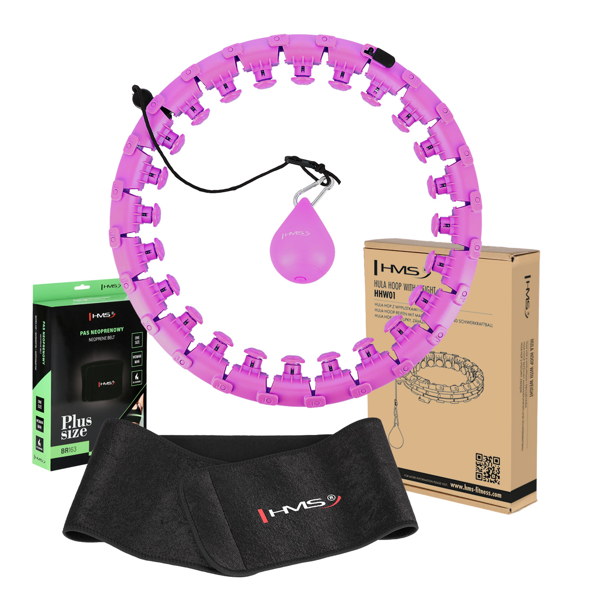 SET HHW12 PLUS SIZE + BR163 FIALOVÁ MASÁŽNÍ HULA HOOP OBRUČ SE ZÁVAŽÍM HMS