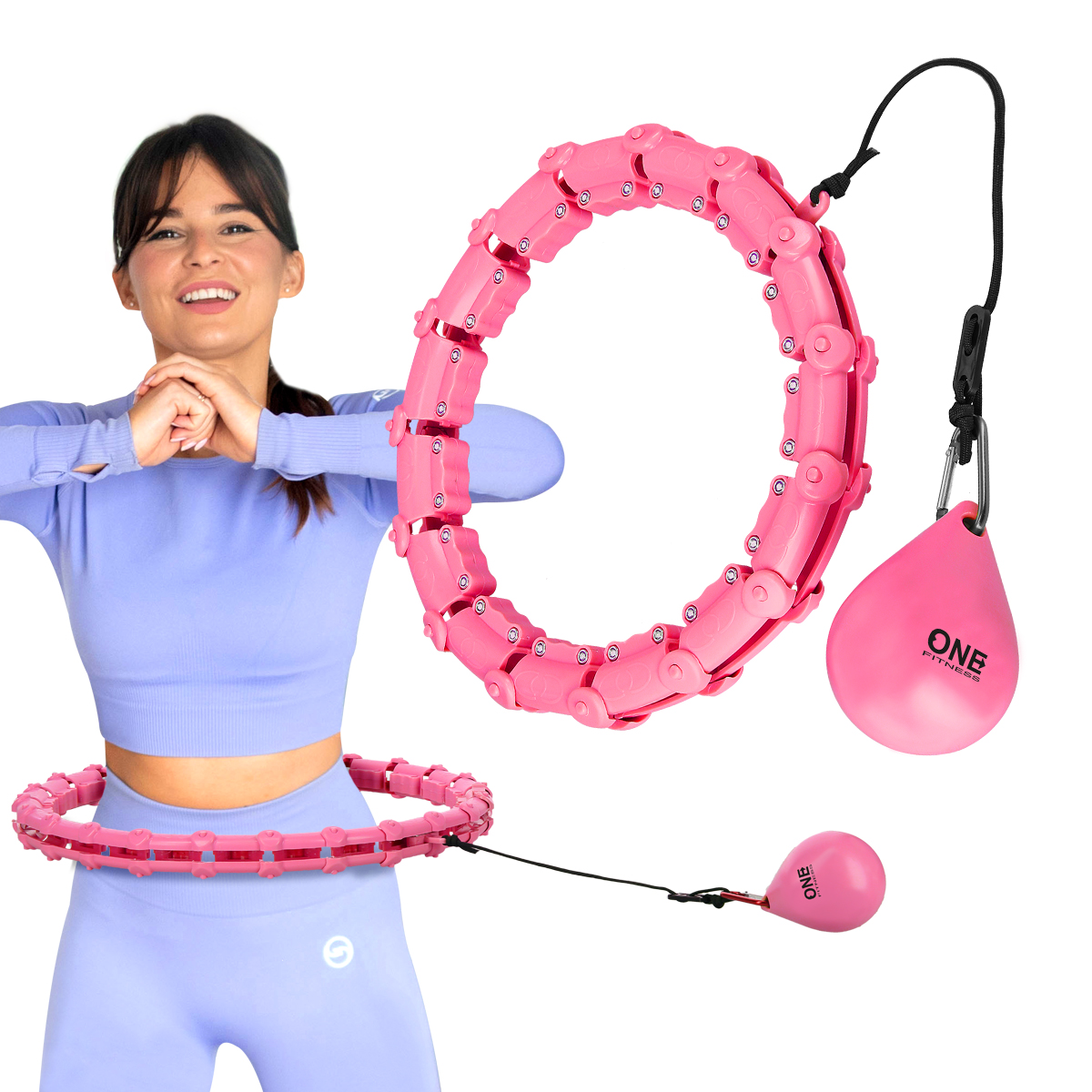 SET OHA02 + BR160 RŮŽOVÁ MASÁŽNÍ HULA HOOP OBRUČ SE ZÁVAŽÍM ONE FITNESS