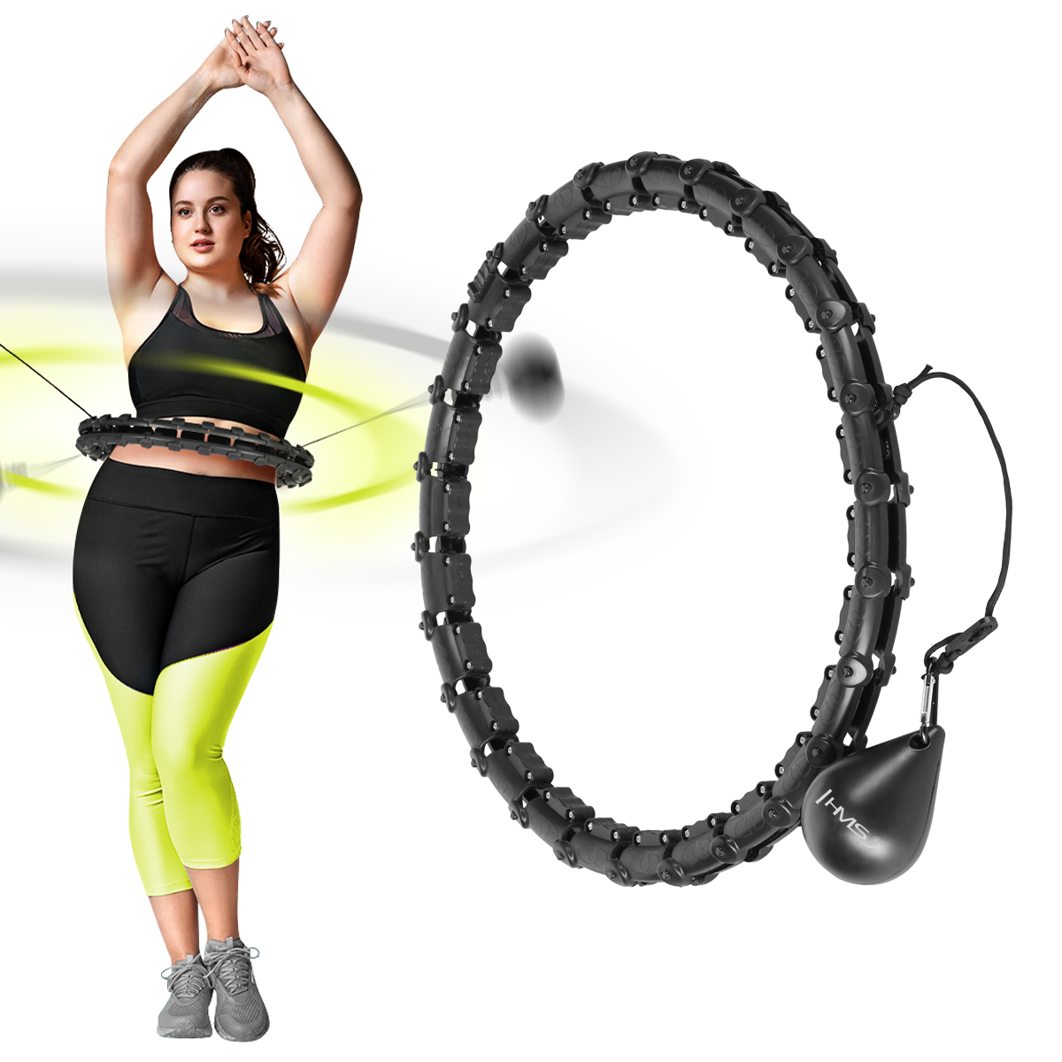 SET HHW11 + BR163 PLUS SIZE ČERNÁ MASÁŽNÍ HULA HOOP SE ZÁVAŽÍM A ZEŠTÍHLUJÍCÍM PÁSEM HMS