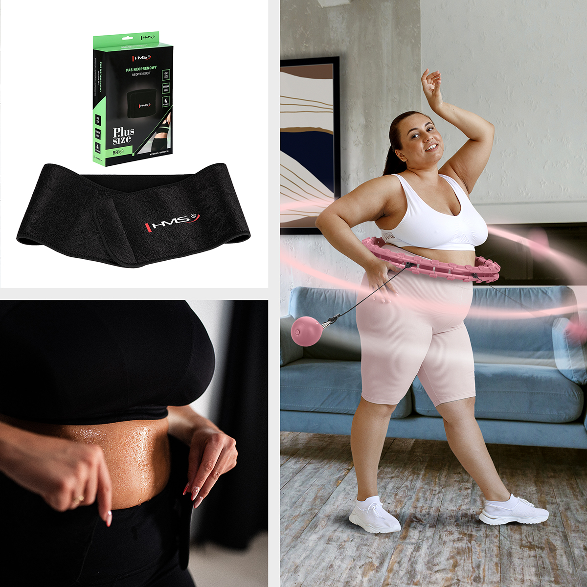 SET HHW11 + BR163 PLUS SIZE RŮŽOVÁ MASÁŽNÍ HULA HOOP SE ZÁVAŽÍM A ZEŠTÍHLUJÍCÍM PÁSEM HMS