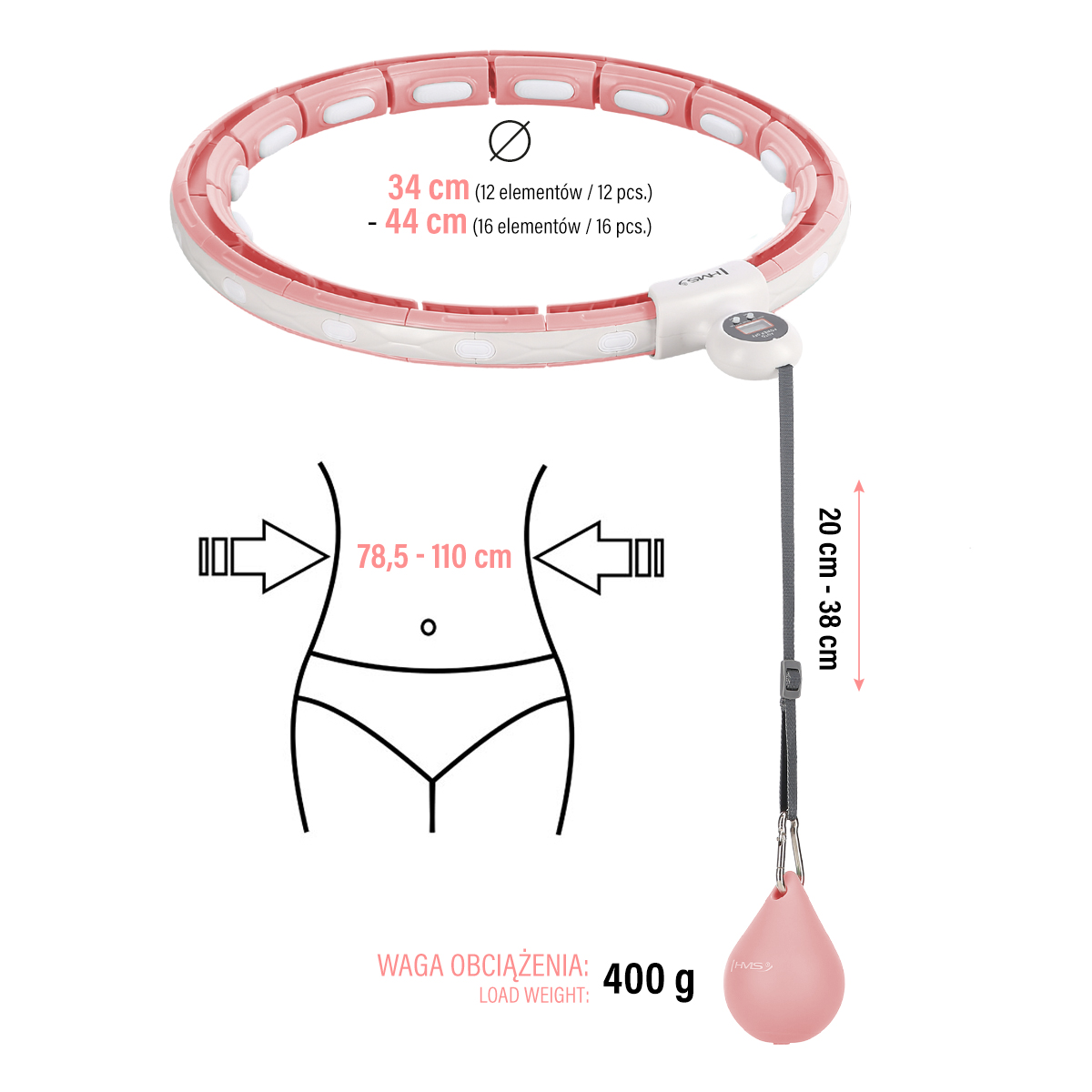 SET HHM15 RŮŽOVÁ + BR163 PLUS SIZE HULA HOOP OBRUČ SE ZÁVAŽÍM, MAGNETY A POČÍTADLEM HMS