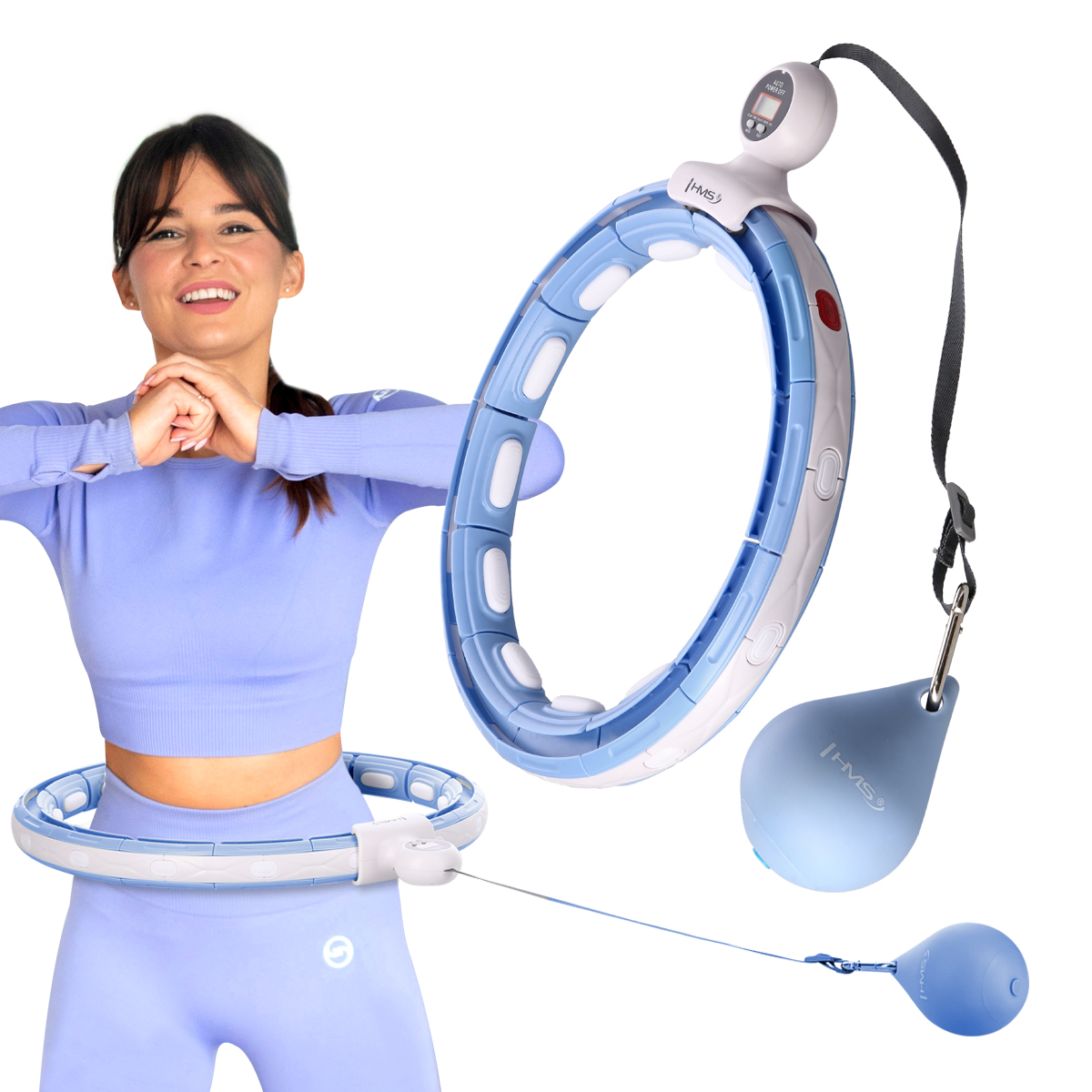 SET HHM15 MODRÁ + BR163 PLUS SIZE HULA HOOP OBRUČ SE ZÁVAŽÍM, MAGNETY A POČÍTADLEM HMS