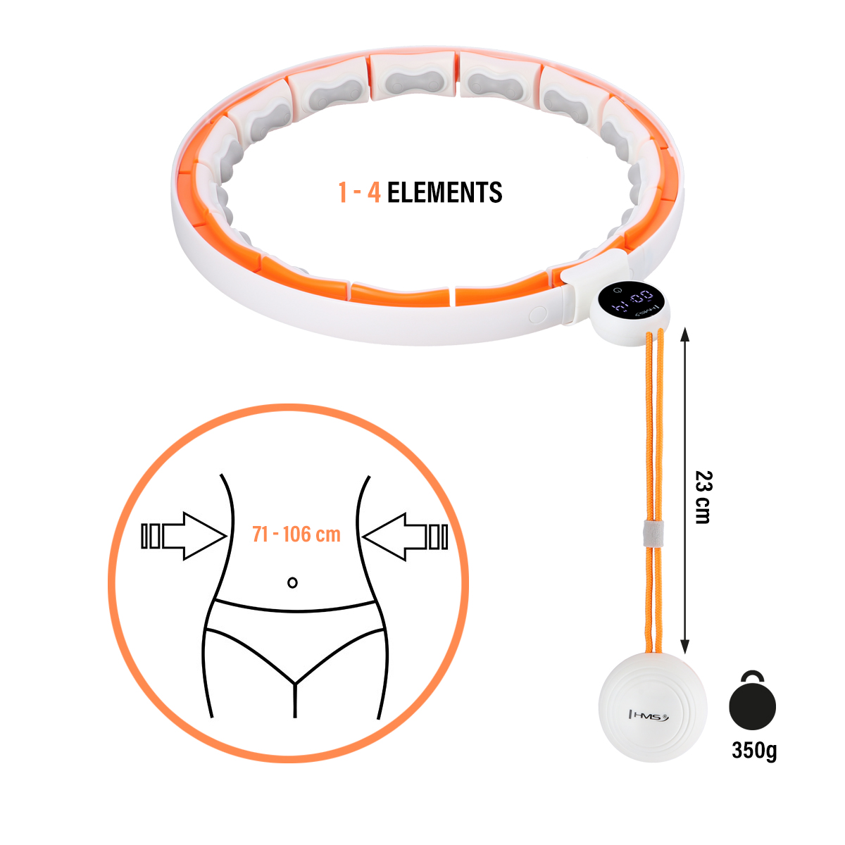 HHM21 BÍLÁ/ORANŽOVÁ HULA HOOP OBRUČ SE ZÁVAŽÍM, MAGNETY A POČÍTADLEM HMS