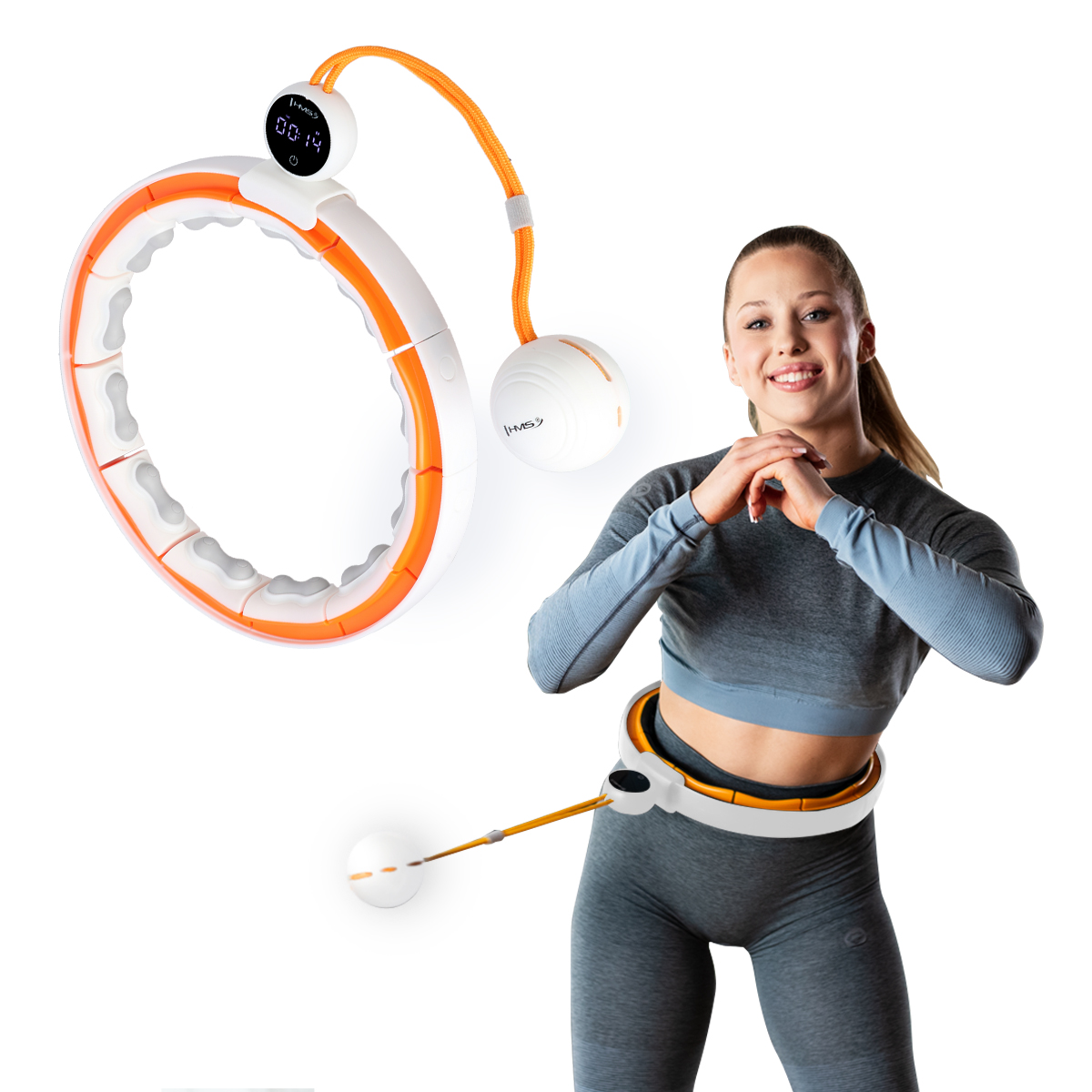 SET HHM21 + BR1313 BÍLÁ/ORANŽOVÁ HULA HOOP OBRUČ SE ZÁVAŽÍM, MAGNETY A POČÍTADLEM HMS