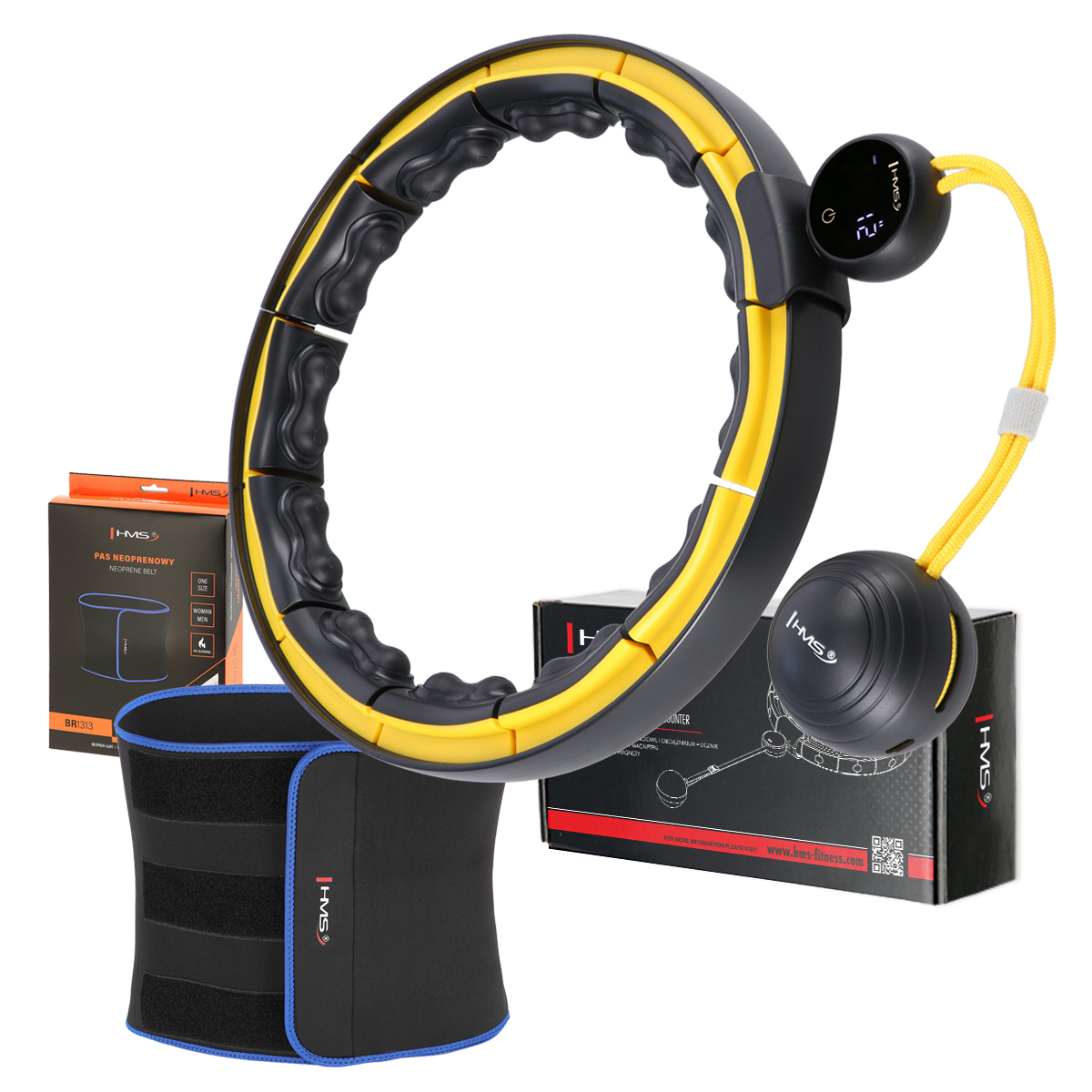 SET HHM21 + BR1313 ČERNÁ/ŽLUTÁ HULA HOOP OBRUČ SE ZÁVAŽÍM, MAGNETY A POČÍTADLEM HMS
