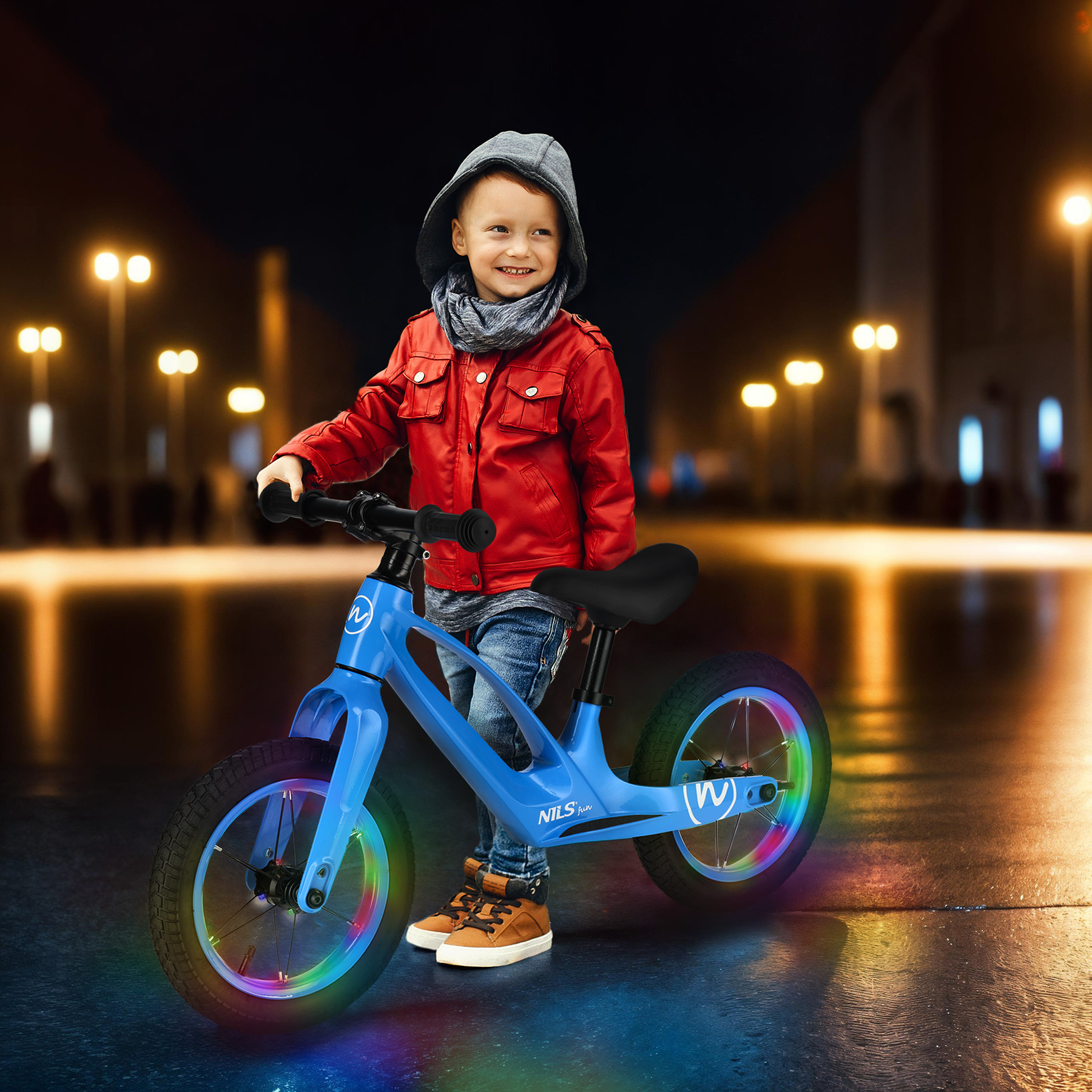 RB901 MODRÉ DĚTSKÉ ODRÁŽEDLO S 12" PUMPOVANÝMI PNEU A LED NILS FUN