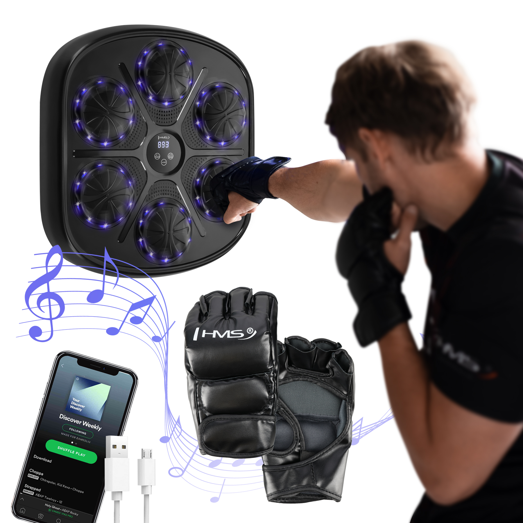 TB03 ELEKTRONICKÝ TRÉNINKOVÝ BOXERSKÝ TERČ S RUKAVICEMI HMS (MUSIC BOXING MACHINE)