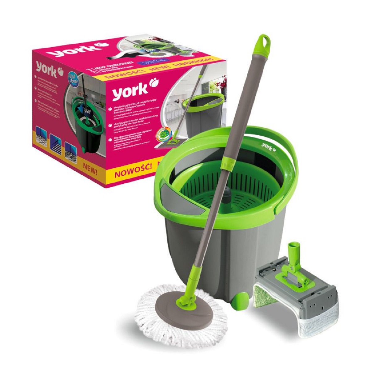 Plochý rotační mop Sada Mikrovlákno + Kbelík Teleskopická tyč Náhradní sada York