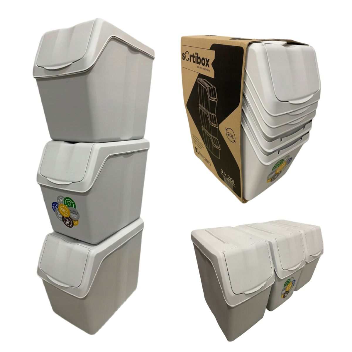 PROSPERPLAST Sada 3 odpadkových košů SORTIBOX popělavě šedý - 3x20L
