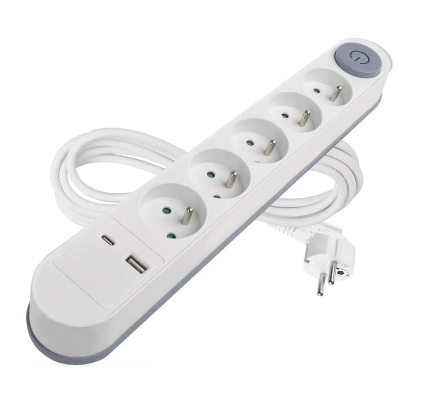 Prodlužovací kabel EMOS Fast Charging, 5x zásuvka, 1×USB-A + 1×USB-C vypínač, 3m, bílý