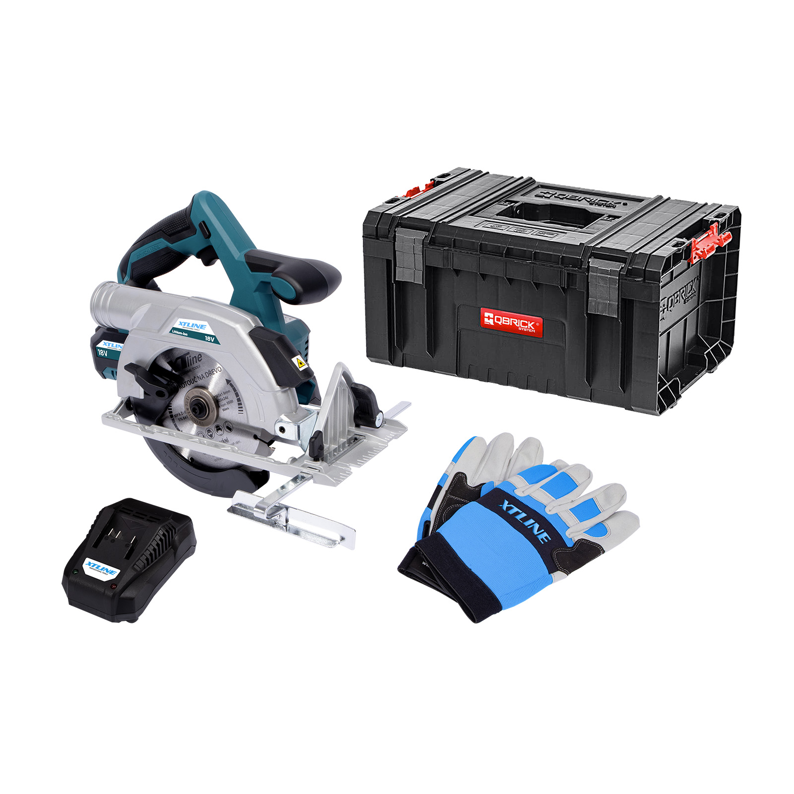 XTLINE Aku kotoučová pila bezuhlíková 18 V, 165 mm + baterie 5.0 Ah + nabíječka 3.5 A + rukavice + box