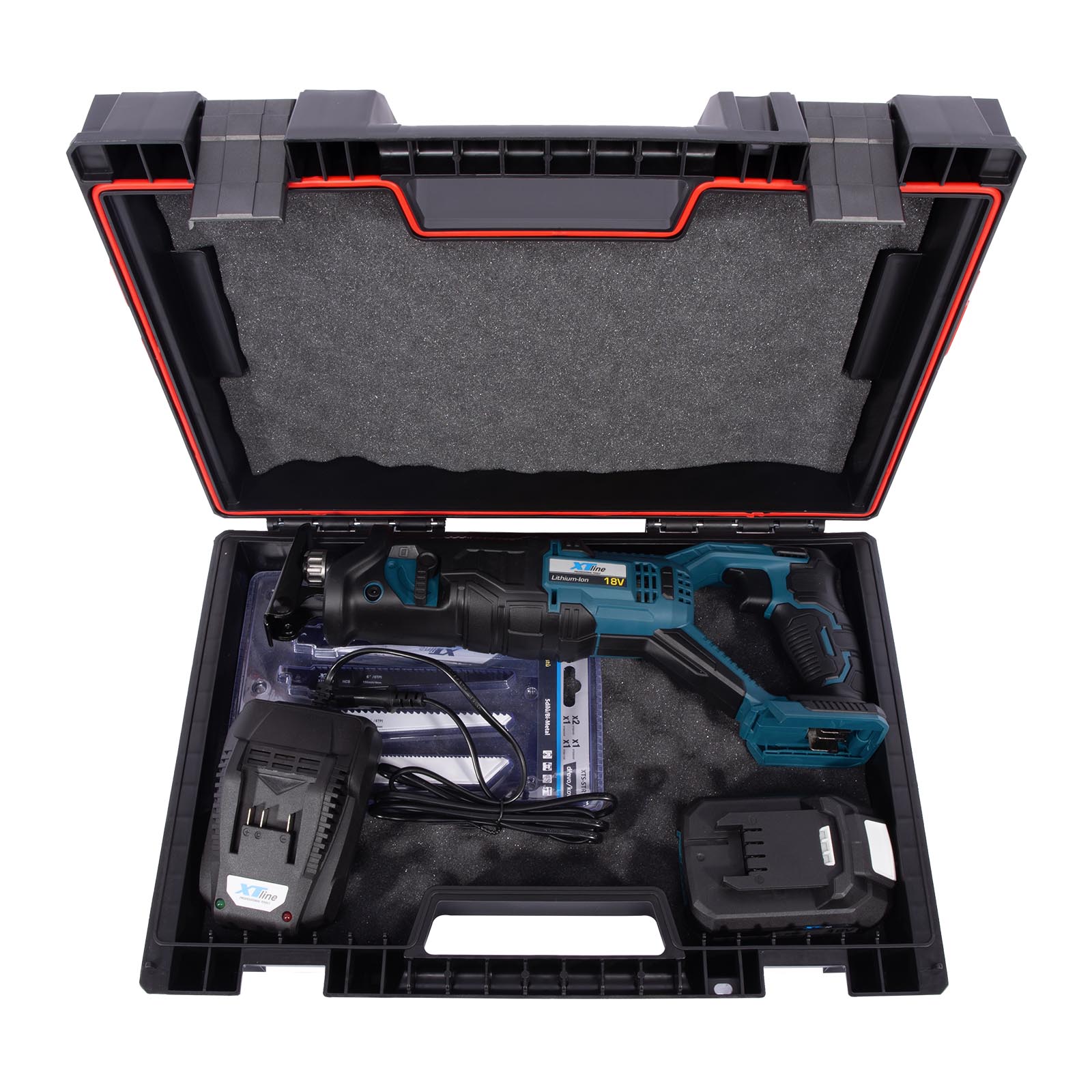 XTLINE Aku mečová pila 18 V + baterie 2.0 Ah + nabíječka 2.4 A + pilové plátky + box