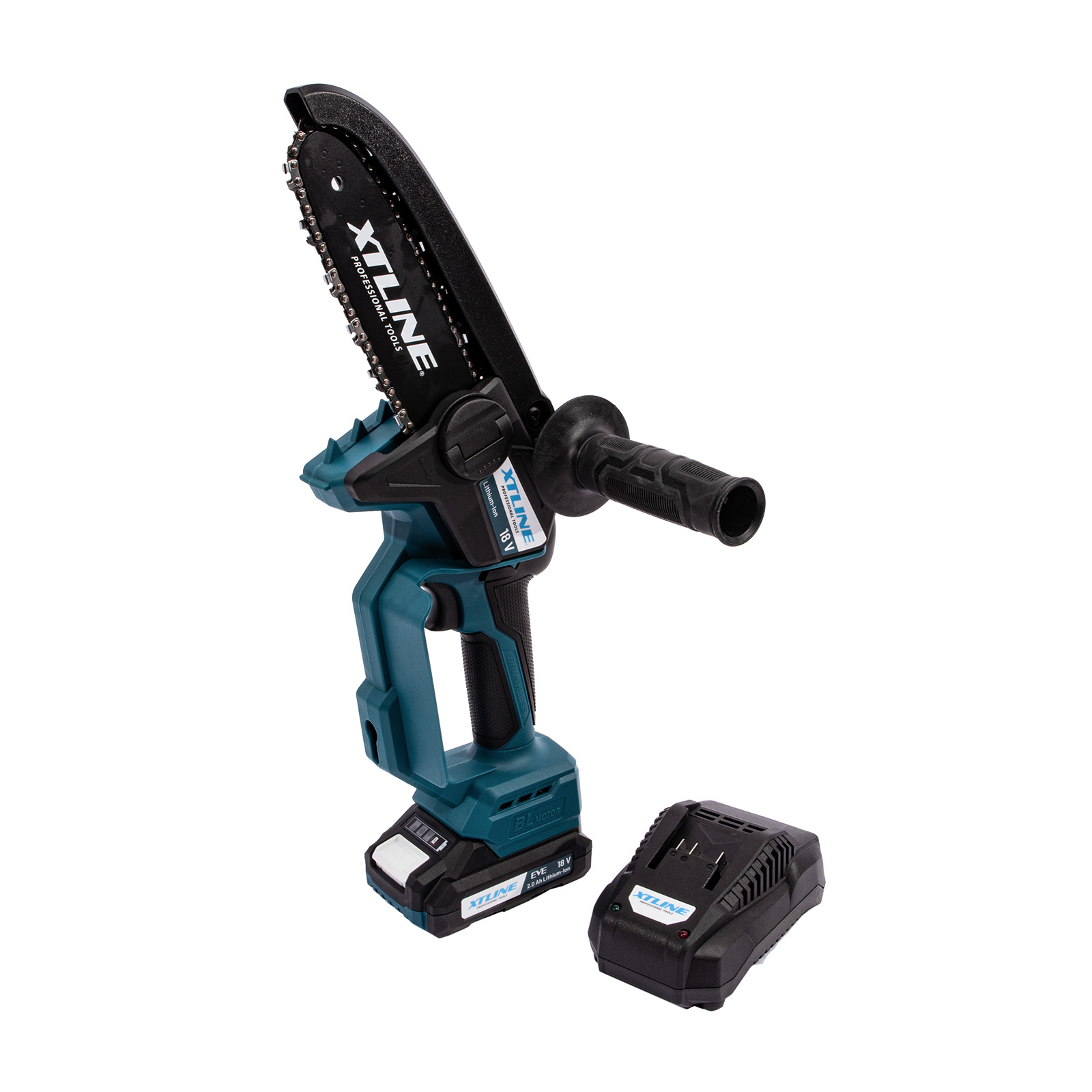 XTLINE Aku řetězová mini pila bezuhlíková 18 V + baterie 2.0 Ah + nabíječka 2.4 A