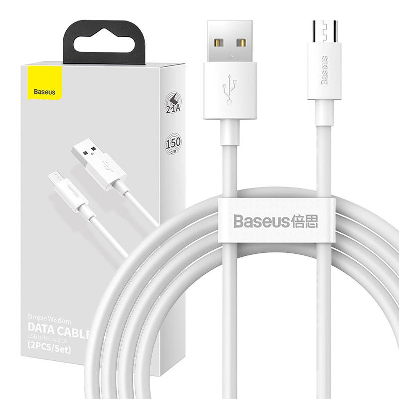 Levně Sada datových kabelů Baseus Simple Wisdom USB to Micro 2.1A (2PCS/Set) 1.5m White