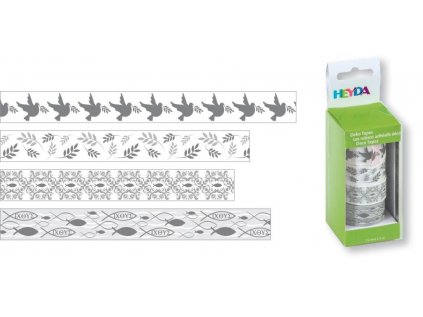 Dekorační lepicí páska papírová, bílá/střbrná - 1,5 cm x 5 m (4ks)