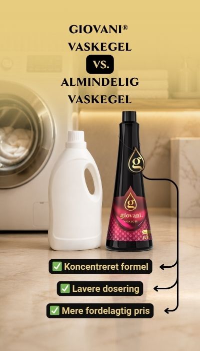 Sammenligning af Giovani vaskegel og almindeligt vaskemiddel