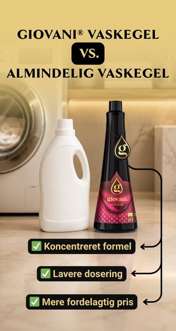 Sammenligning af Giovani vaskegel og almindeligt vaskemiddel