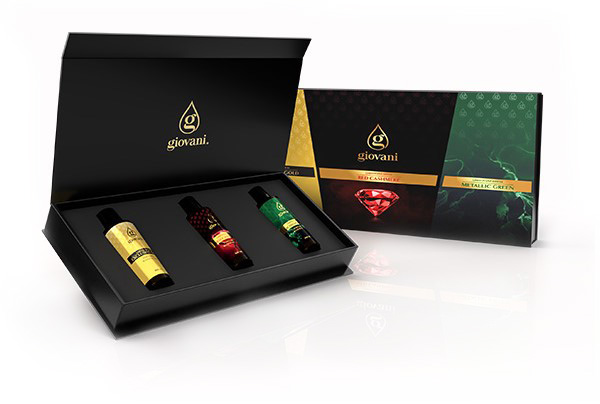 Gaveæske med tre limited edition vaskemiddelparfumer fra Giovani