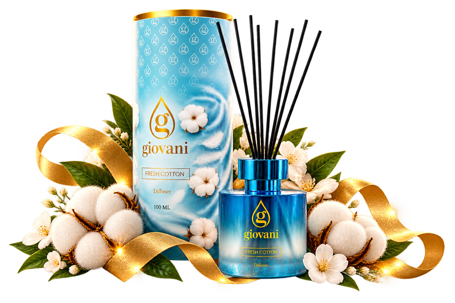 Diffuseur à bâtonnets Giovani FRESH COTTON 100 ml avec tube cadeau, coton et ruban doré