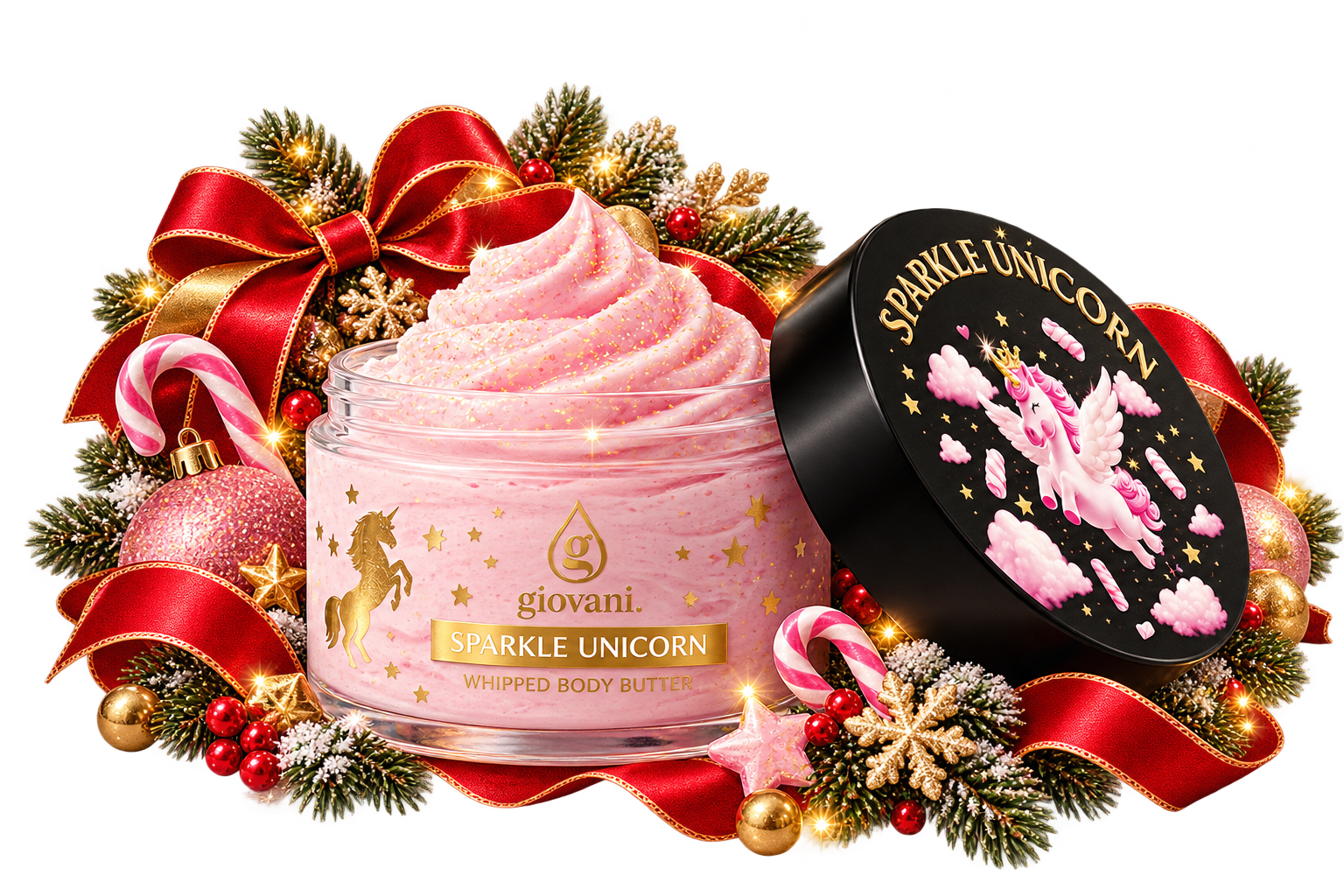 Beurre corporel fouetté Giovani SPARKLE UNICORN 150 ml avec paillettes parmi les boules de Noël
