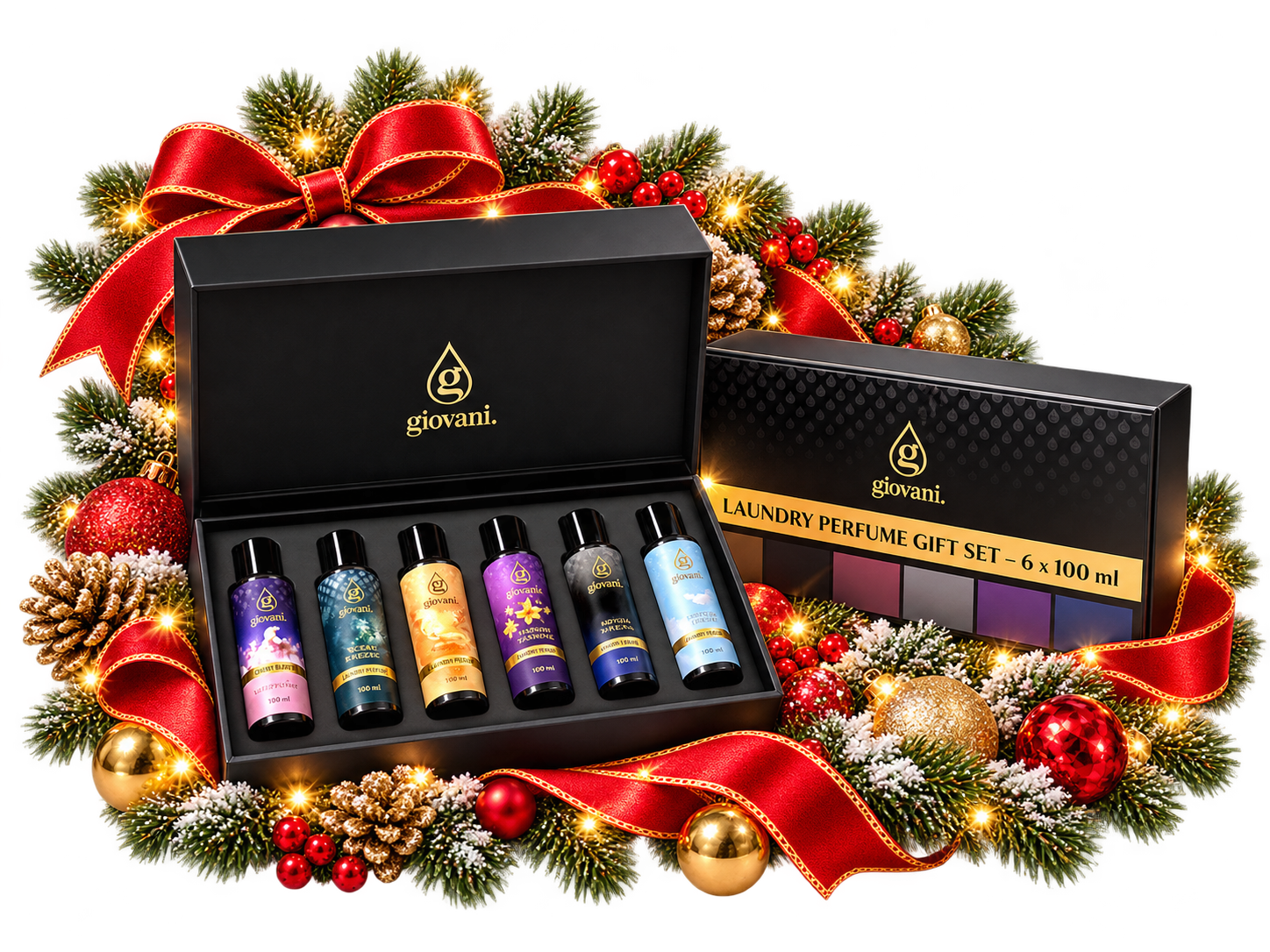 Dāvanu komplekts ar 6 veļas smaržu aromātiem Giovani atvērtā kastē starp Ziemassvētku bumbām