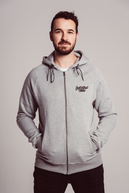 Pánská šedá hoodie Hory & Oceán, černý tisk