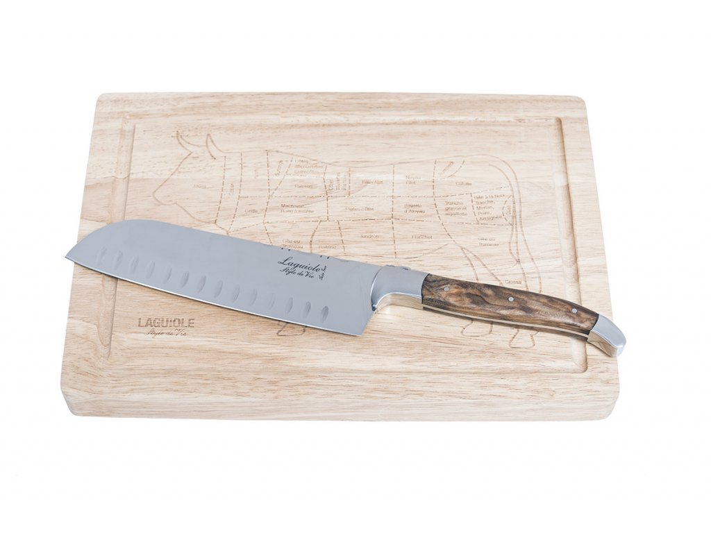 Luxury nůž santoku, rukojeť olivové dřevo s dřevěným prkénkem super dárek pro muže