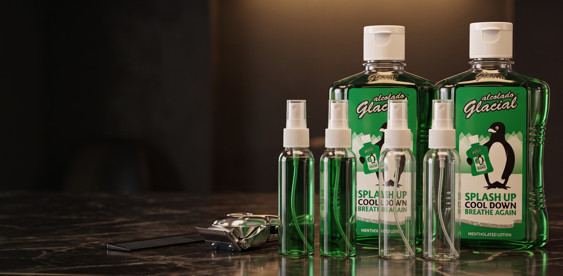 AKCE BARBER: dvě lahve Alcolado Glacial 500 ml a čtyři rozprašovače na černém mramorovém pultu holičství, vedle strojek a hřeben