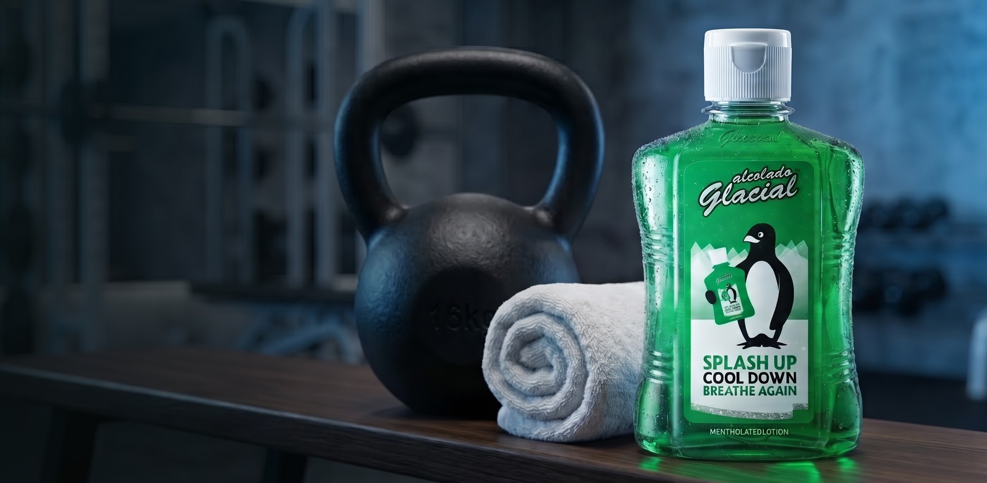 Alcolado Glacial 500 ml na lavičce v posilovně vedle kettlebellu a ručníku