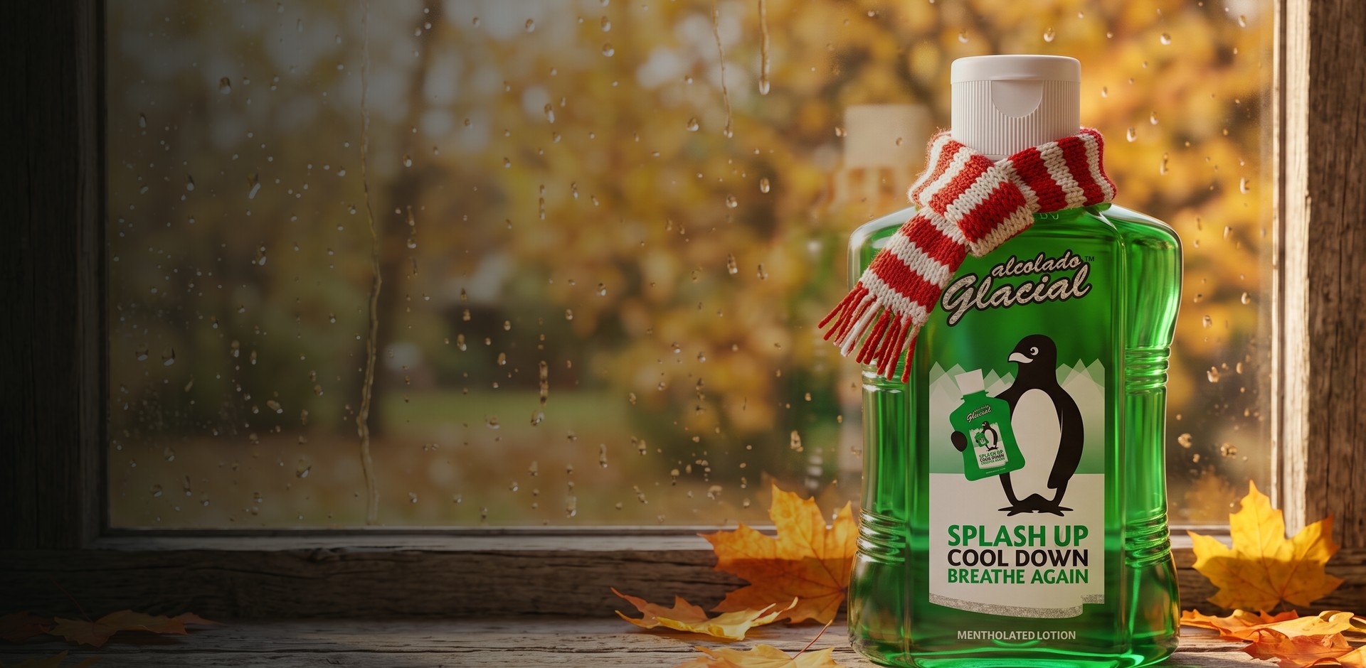 Alcolado Glacial 500 ml se šálou na okenním parapetu, za oknem podzimní déšť