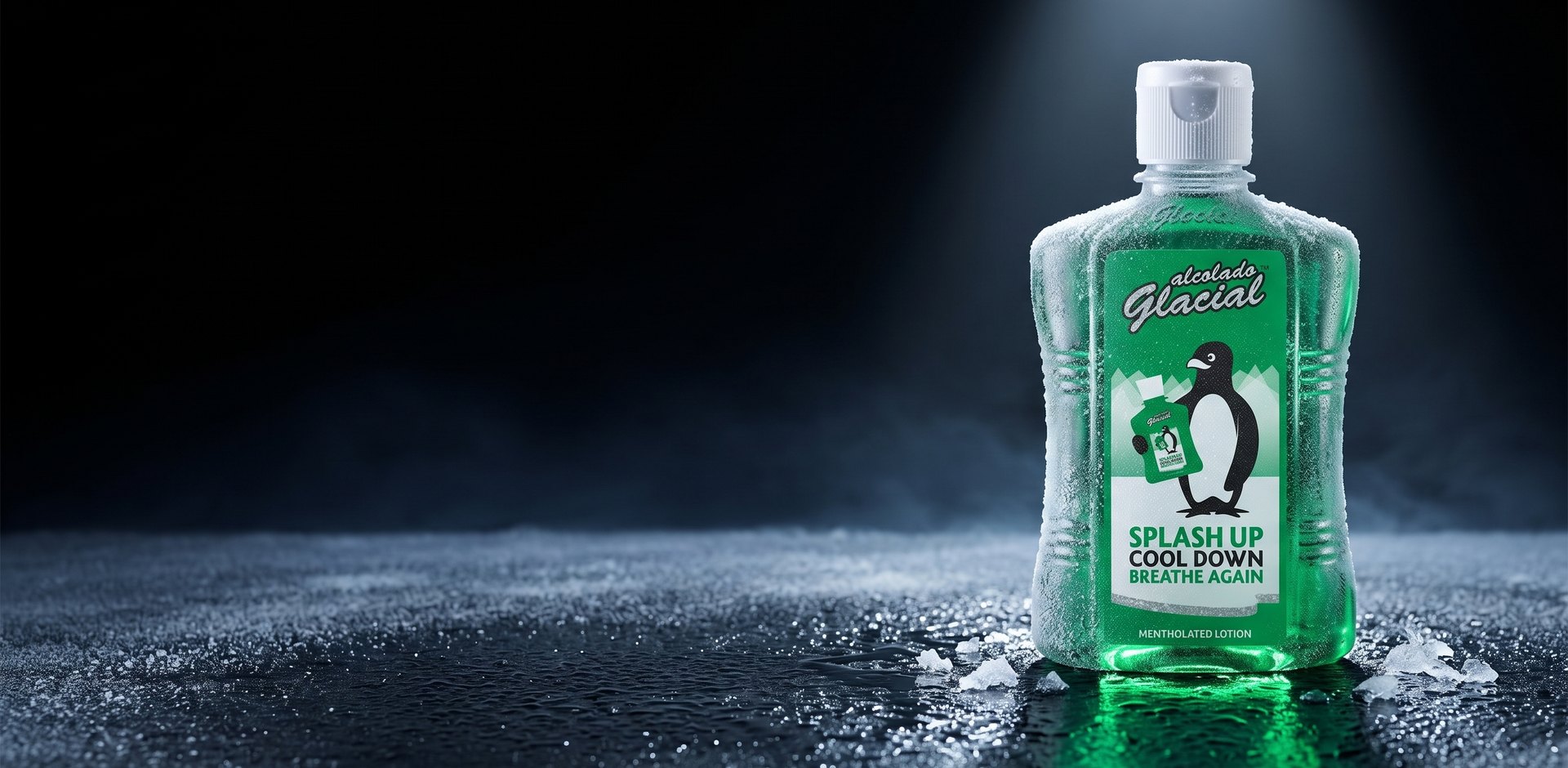 Alcolado Glacial 500 ml, mentolová pleťová voda z Curaçaa, orosená lahev na ledové břidlici