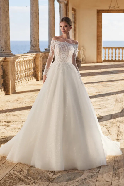 svatebni luxusni raniesha marchesa for pronovias 2024 krasna tylova sukne krajkovy zivutek dlouhe rukavy 2