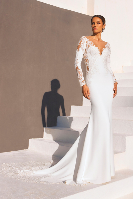svatebni saty marisa kolekce pronovias mermaid strih krepove s krajkou dlouhe rukavy 3
