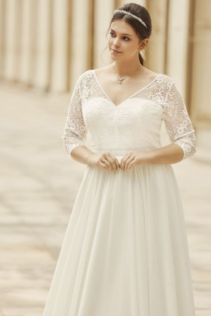 svatebni saty tula kolekce bianco evento sifonova sukne krajkovy zivutek xxl plussize plnostihle trictvrtecni rukavy